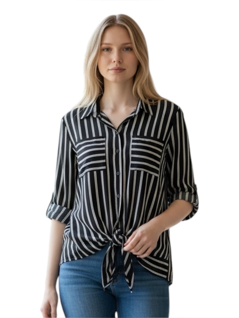 IZ Byer Vertical Striped Button Down Blouse 3/4-length roll-tab‎ sleeves, XL